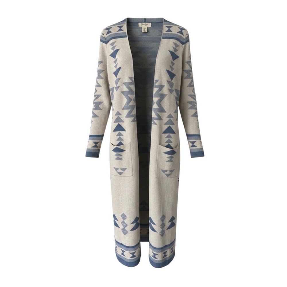 Jessica Simpson Blue Aztec Geometric Longline Duster Cardigan  100% Cotton XS